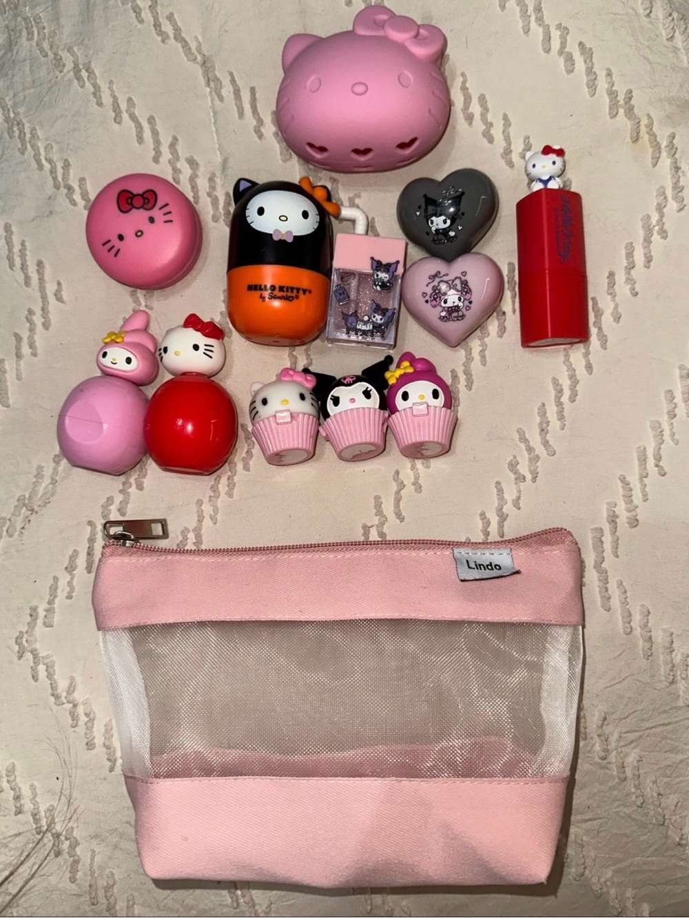 Hello Kitty Pink Red Toy Lip Balm & Character Mini Set with Pink Pouch